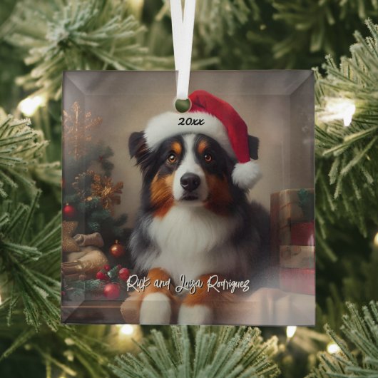Mooie Australische Herder met Santa Hat Glas Ornament (Insitu)