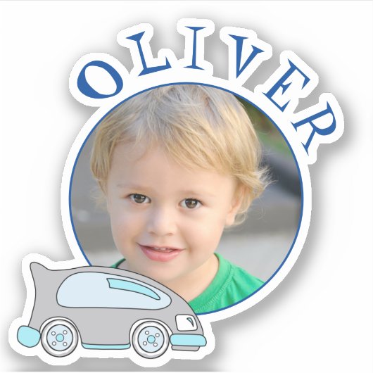 Mooie Auto Blau Ronde Frame Naam en Foto Kinderen Sticker (Voorkant)