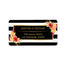 Mooie Autumn Floral Gold Black White Stripes Etiket