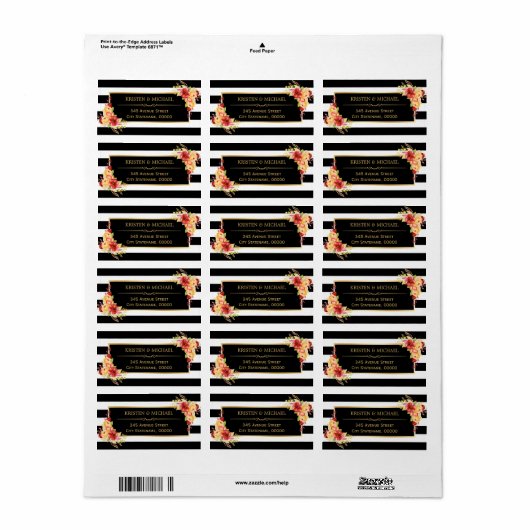 Mooie Autumn Floral Gold Black White Stripes Etiket (Full Sheet)