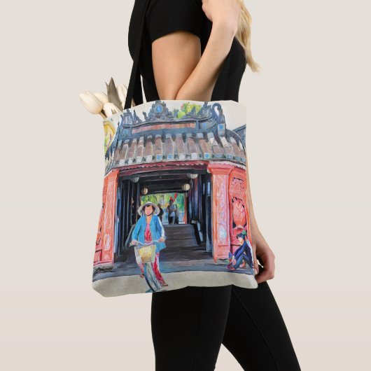 Mooie Aziatische Scene Vietnam Art roze Waterverf Tote Bag (Dichtbij)