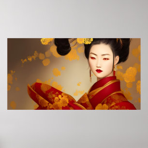 Mooie Aziatische vrouw geisha rood goud 2 Poster