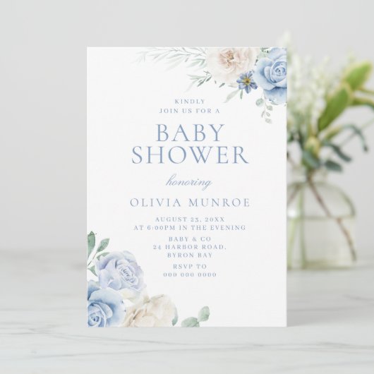Mooie Baby Blue Floral Baby shower Kaart (Staand voorkant)