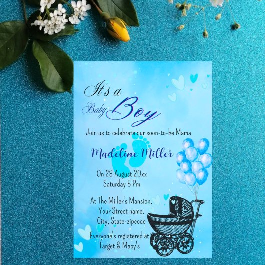 Mooie Baby Boy Blauw Baby shower Uitnodiging
