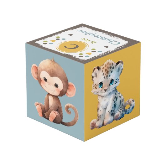 Mooie baby dieren foto naam voor kinderkamer groen kubus (Achter hoekig)