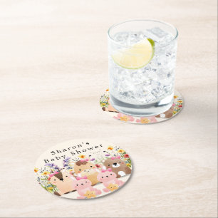 Mooie Baby Dieren & Wilde Bloemen Baby Shower  Ronde Kartonnen Onderzetter
