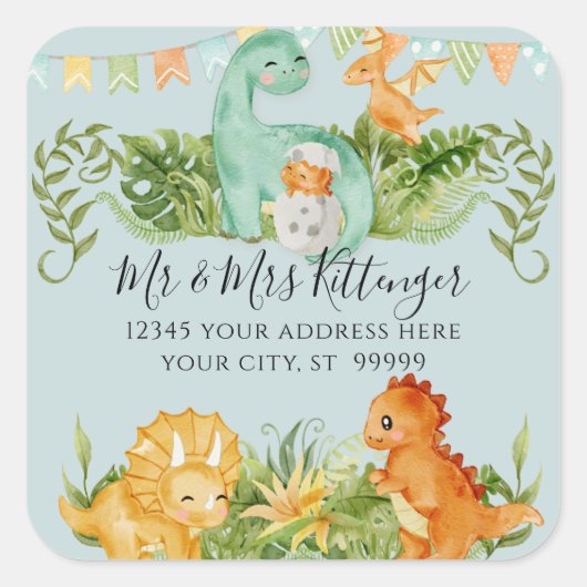 Mooie Baby Dinosaurus Gebladerte Retouradres Vierkante Sticker (Voorkant)