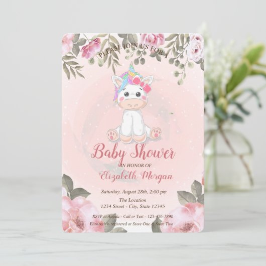 Mooie Baby Eenhoorn, Bloemige Baby Shower Uitnodig Kaart (Staand voorkant)