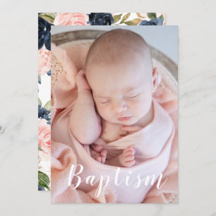 Mooie Baby fotomarine en Blush Floral Baptisme Kaart