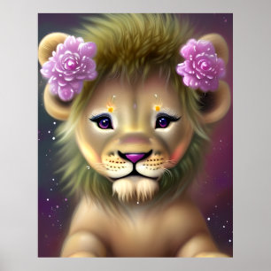 Mooie baby leeuw met roze bloemen grafisch poster