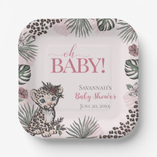Mooie Baby Meisje Luipaard Welp Roze Baby Shower Papieren Bordje