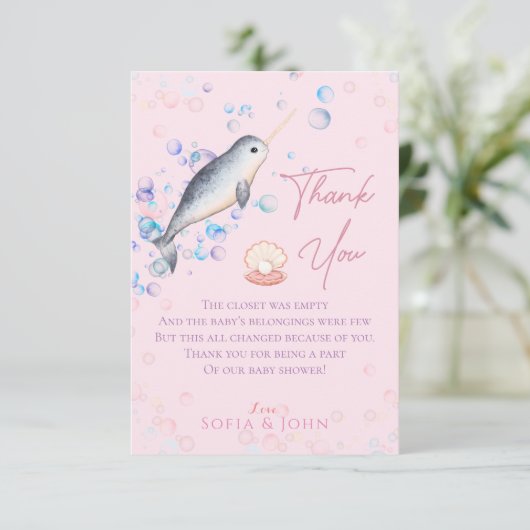 Mooie baby Narwhal en bubbels Dank je wel auto Bedankkaart (Staand voorkant)