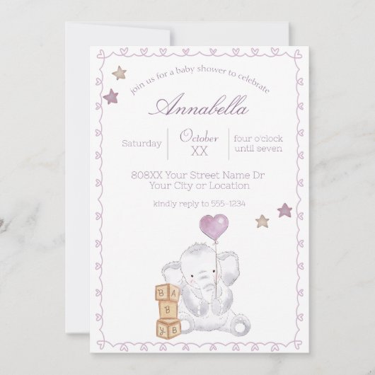 Mooie baby olifant meisje en ballon waterverf kaart (Voorkant)