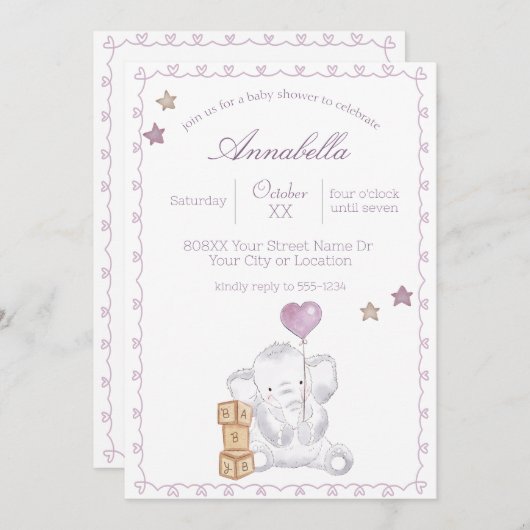 Mooie baby olifant meisje en ballon waterverf kaart (Voorkant / Achterkant)