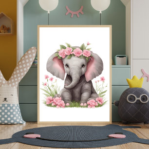 Mooie Baby Olifant Roze Bloemen Slaapkamer Poster