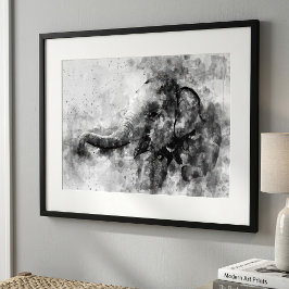 Mooie Baby Olifant Zwart en Wit Aquarel Kunst Foto Afdruk
