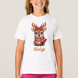 Mooie baby rendier met rode sjaal waterverf t-shirt