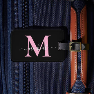 Mooie baby roze & zwarte monogram script naam bagagelabel