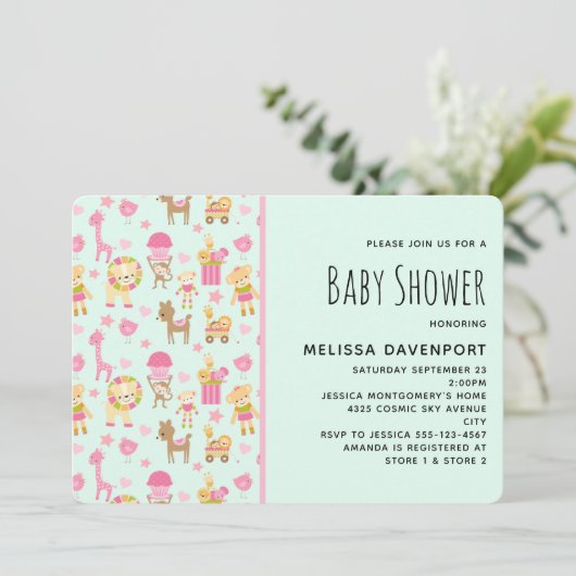 Mooie baby shower met vrolijke dieren en speelgoed kaart (Staand voorkant)