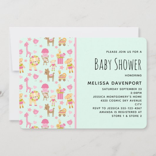 Mooie baby shower met vrolijke dieren en speelgoed kaart (Voorkant)