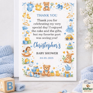 Mooie babykleren en speelgoed jongens babyfeestje bedankkaart