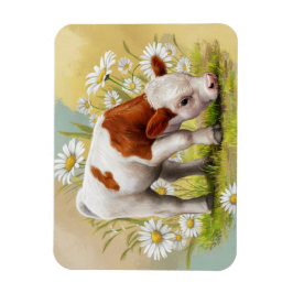 Mooie babykoe in een veld met madeliefjes bloemen magneet