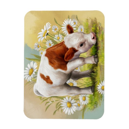Mooie babykoe in een veld met madeliefjes bloemen magneet (Verticaal)