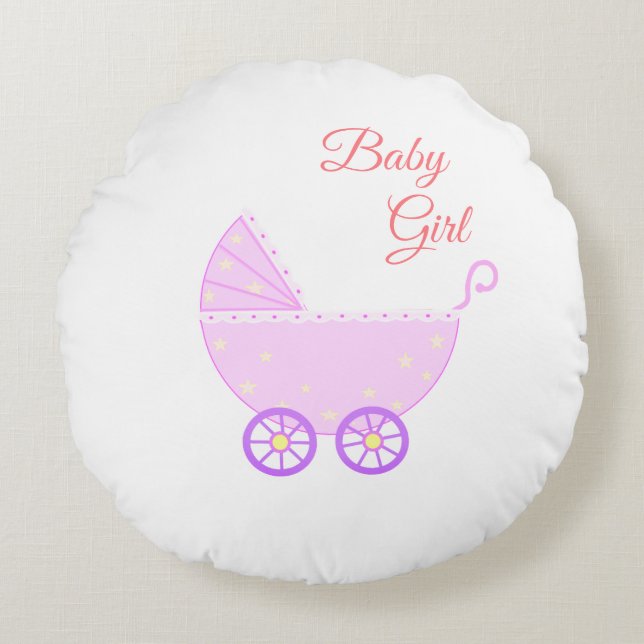 Mooie babymeisjesbuggy op wit rond kussen (Voorkant)