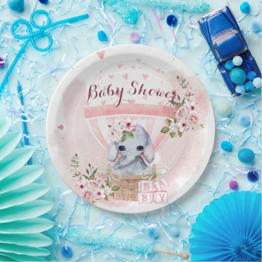 Mooie babyolifant met bloemen Roze baby shower Papieren Bordje (Feest)