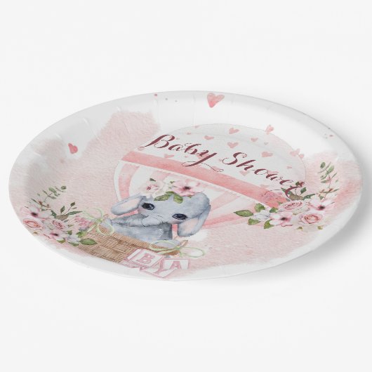 Mooie babyolifant met bloemen Roze baby shower Papieren Bordje (Gekanteld)