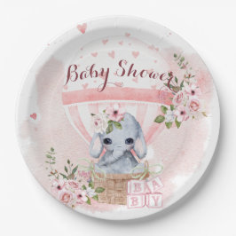 Mooie babyolifant met bloemen Roze baby shower Papieren Bordje