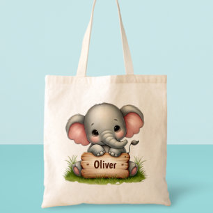 Mooie babyolifant met naamkaart tote bag