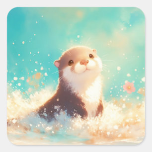Mooie babyotter speelt in gouden glinsterende ocea vierkante sticker