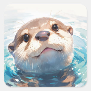 Mooie babyotter zwemt in blauwe waterkringen vierkante sticker