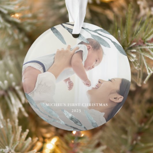 Mooie baby's eerste kerstblauwe foto ornament
