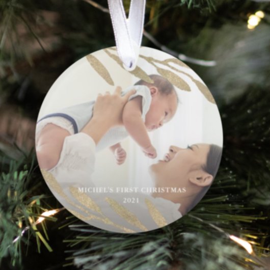 Mooie baby's eerste kerstfoto met botanische foto ornament