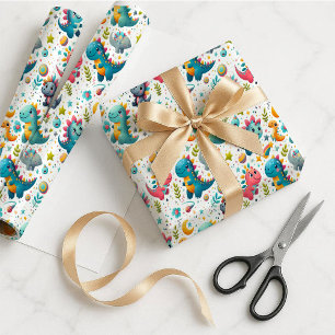 Mooie babysaurus teal dinosaurus cadeauverpakkings cadeaupapier