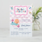 Mooie babyshower uitnodiging template - Blauw & Ro (Staand voorkant)