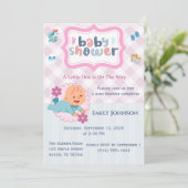 Mooie babyshower uitnodiging template - Blauw & Ro (Staand voorkant)