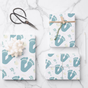 Mooie Babyvoetafdrukken Blauwe Jongen Thema Inpakpapier Vel