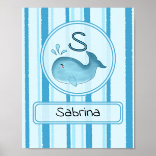 Mooie babywalvis blauwe strepen muurkunst poster