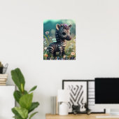Mooie babyzebra in bloementuin kunst kinderdagverb poster (Thuiskantoor)