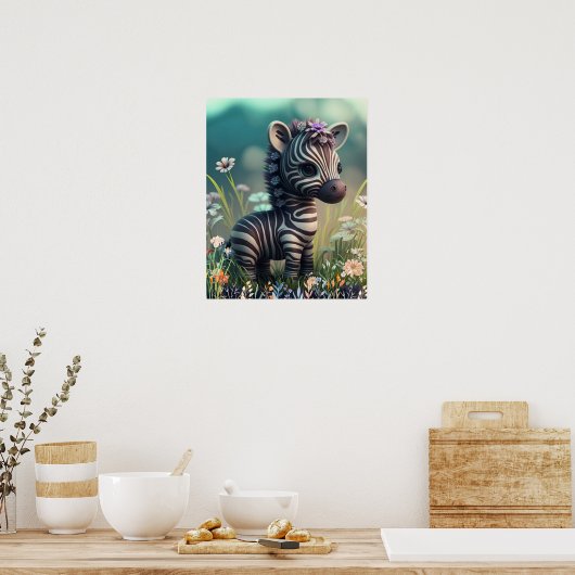 Mooie babyzebra in de bloementuin kunst kinderkame poster (Keuken)