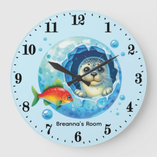 Mooie babyzeehond unisex voeg naam toe kinderkamer grote klok