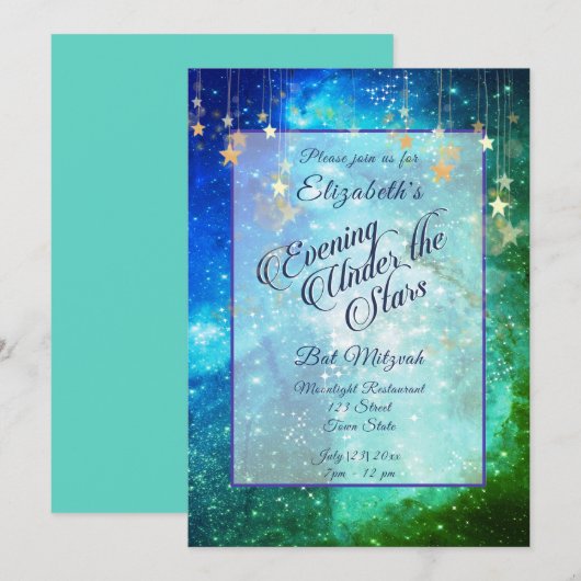 Mooie Bar Mitswa Blauw Groen Onder de Sterren Kaart (Voorkant / Achterkant)