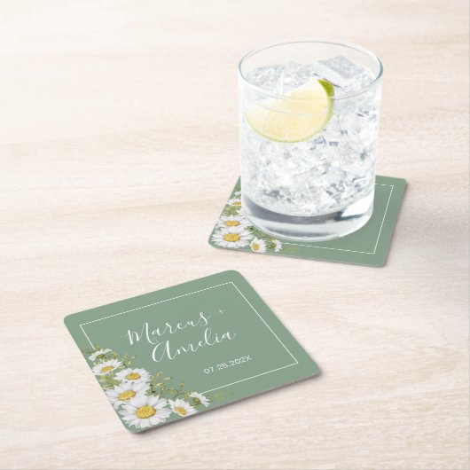 Mooie Basil Groene & Witte Madeliefjes Trouwvierka Kartonnen Onderzetters (Insitu)