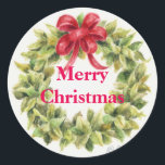 Mooie Bayleaf krans Merry Christmas Stickers<br><div class="desc">Prachtige bayleafkrans met een felrood lint is een mooie traditie in het vieren van de feestdagen. Classic waterverf illustratie is geweldig voor het delen van kerstgroet in stijl! Origineel waterverf kunstwerk en ontwerp van Audrey Ascenzo.</div>