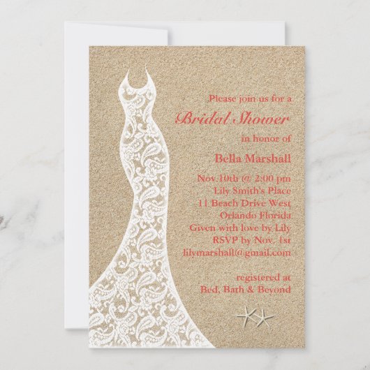 Mooie Beach Bridal Shower Invitation in Coral Kaart (Voorkant)