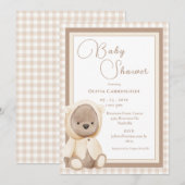 Mooie Beer Gingham Vintage Babyshower Uitnodiging (Voorkant / Achterkant)