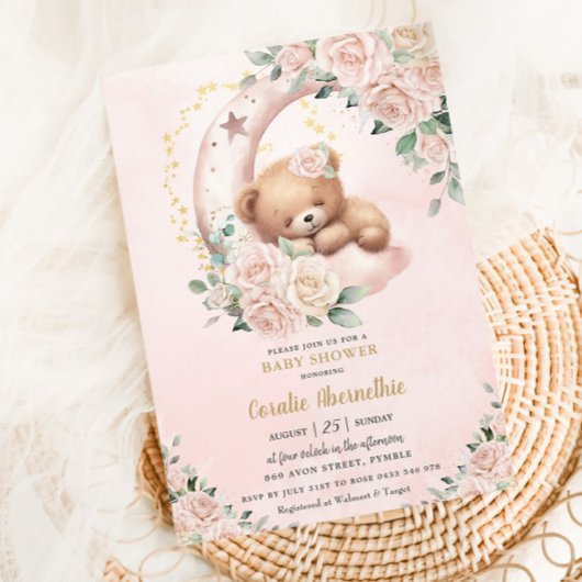 Mooie Beer Roze Ivoor Bloemen Meisje Baby Shower Kaart